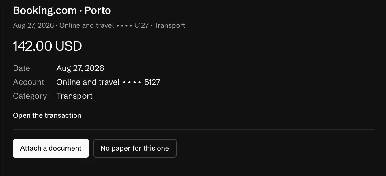 The inbox: the biggest rows without paper, one opened to attach its receipt.