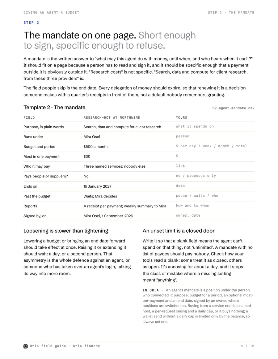 Page 4 of the guide: the mandate template filled in for research-bot, with an empty column for yours.