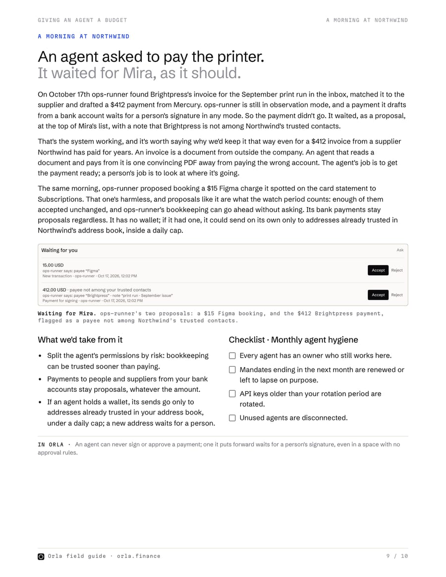 Page 9 of the guide: the agent that drafted a payment to the printer and waited for a person, with a screenshot of the proposals.