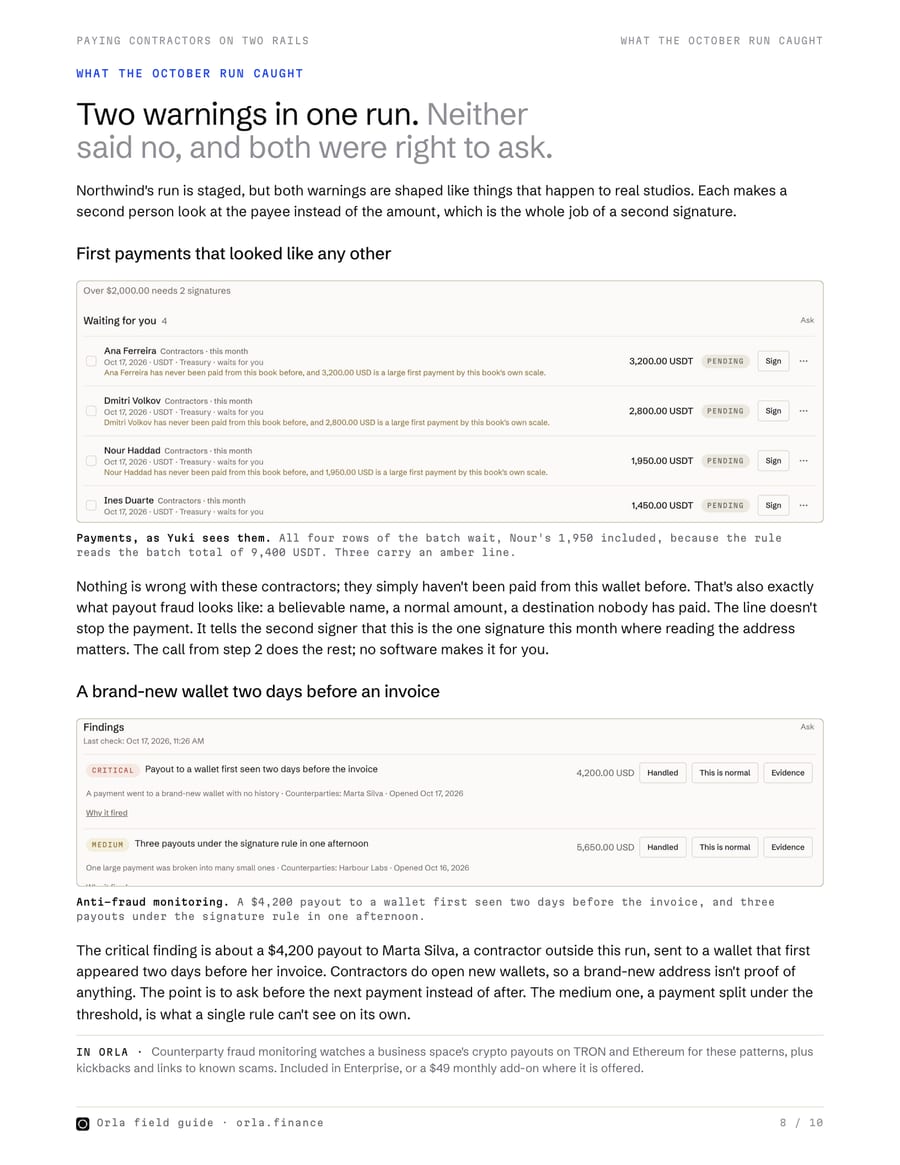 Page 8 of the guide: two warnings from Northwind's October run, with screenshots of the payments queue and the fraud monitoring finding.