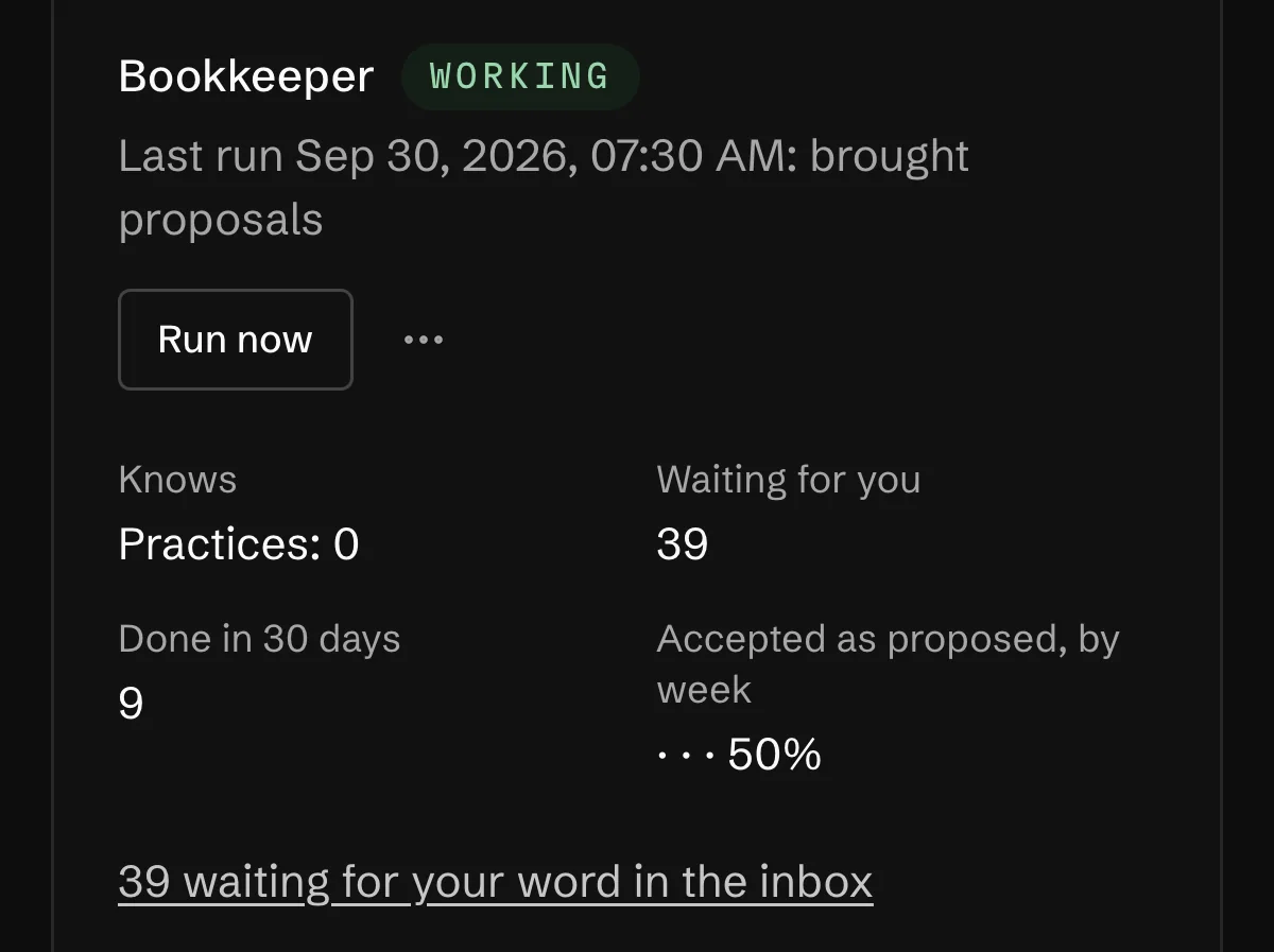 AI staff in Team & access, the Bookkeeper's work in the Inbox with one category accepted and the next rejected, and its counters back on its card.