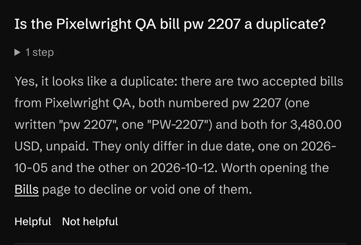 Pixelwright's second bill opened in Bills to pay, then the assistant asked whether it is a duplicate, naming PW-2207 and pw 2207 side by side.