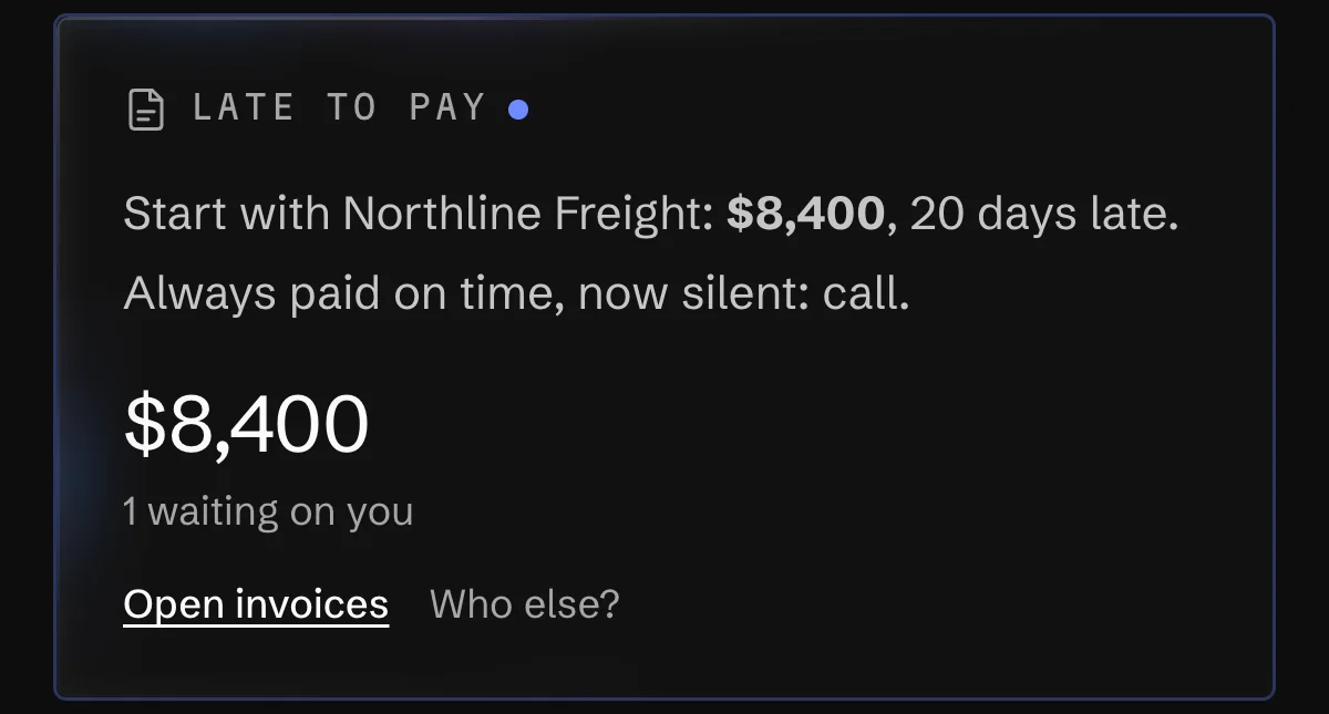The Late to pay card telling Mira to call Northline, the reminder to Marigold Books sent from the assistant's card, and the history on its invoice.