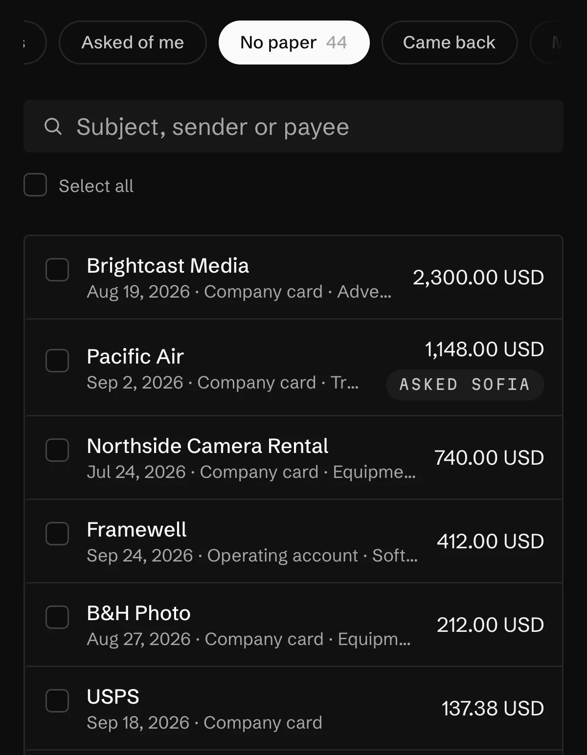 The No paper list in Inbox, two of Sofia's trip expenses ticked and asked for, then Sofia's side: Asked of me, and the camera rental receipt attached to its charge.
